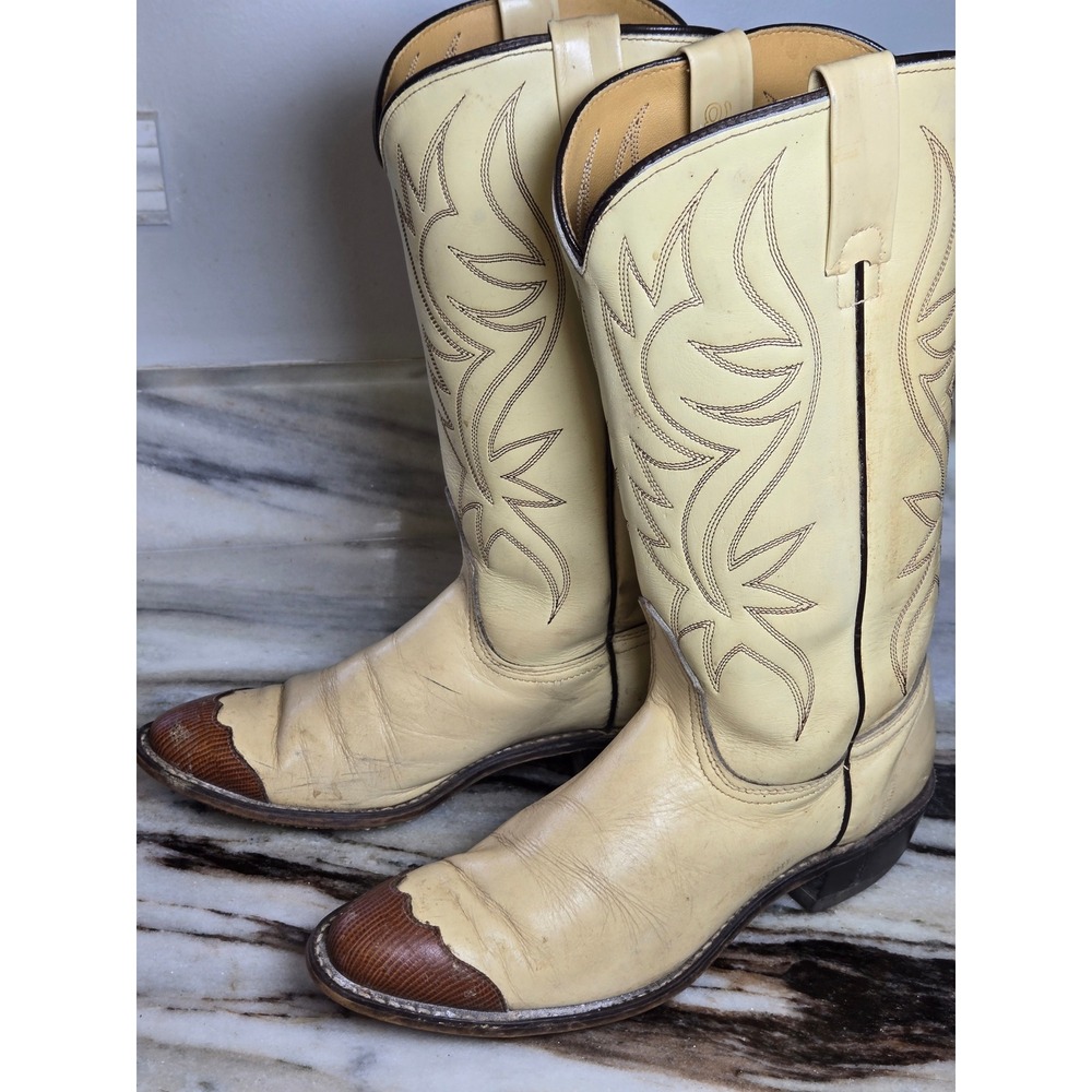Acme Vintage Mens 7.5 C Western Cowboy Boots Cream Leather Brown Wingtip 80315